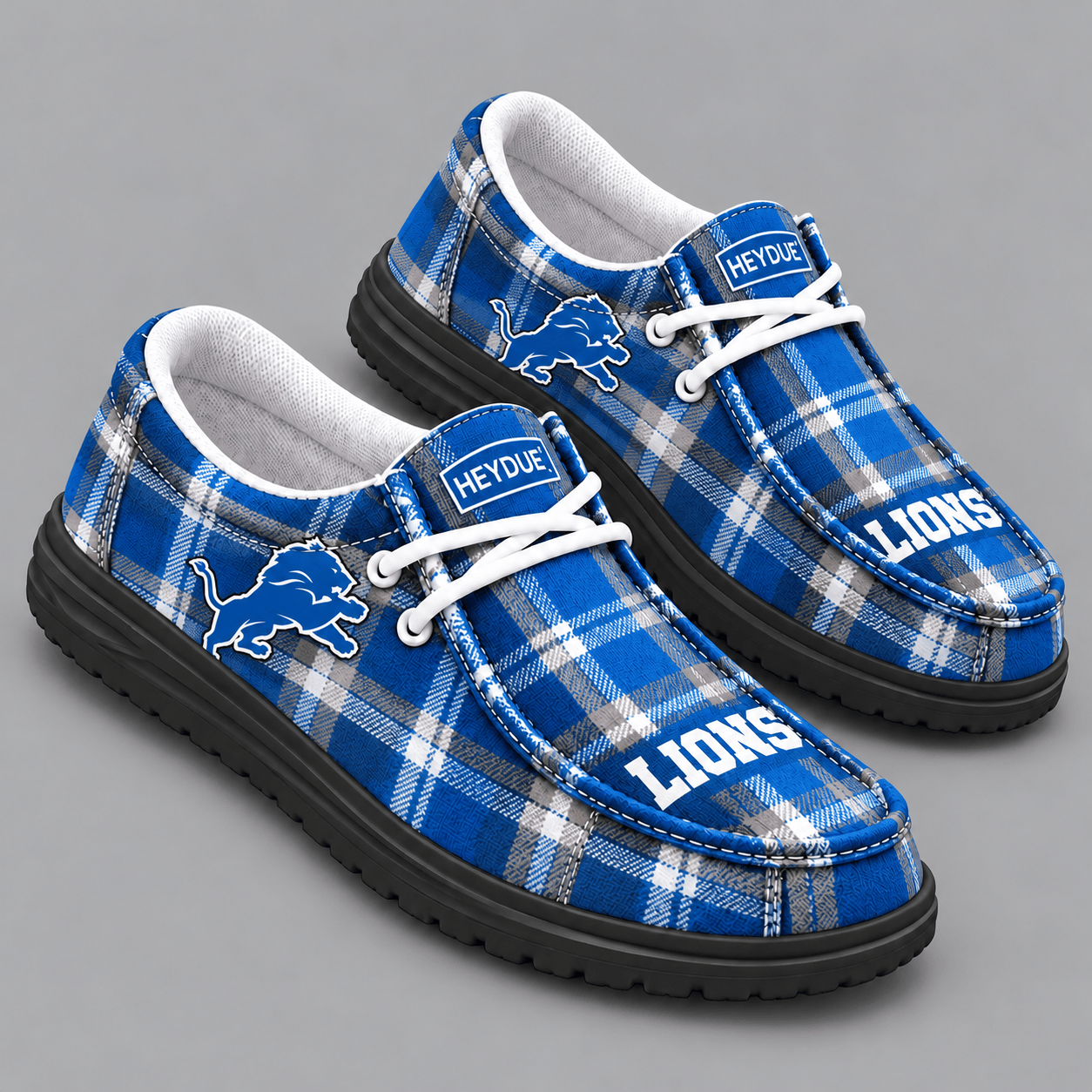 Detroit Lions | Premium NFL Classic Plaid Checkered HEYDUDE Casual Loafers With Team Logo And Lightweight Comfort Sole NDN cover