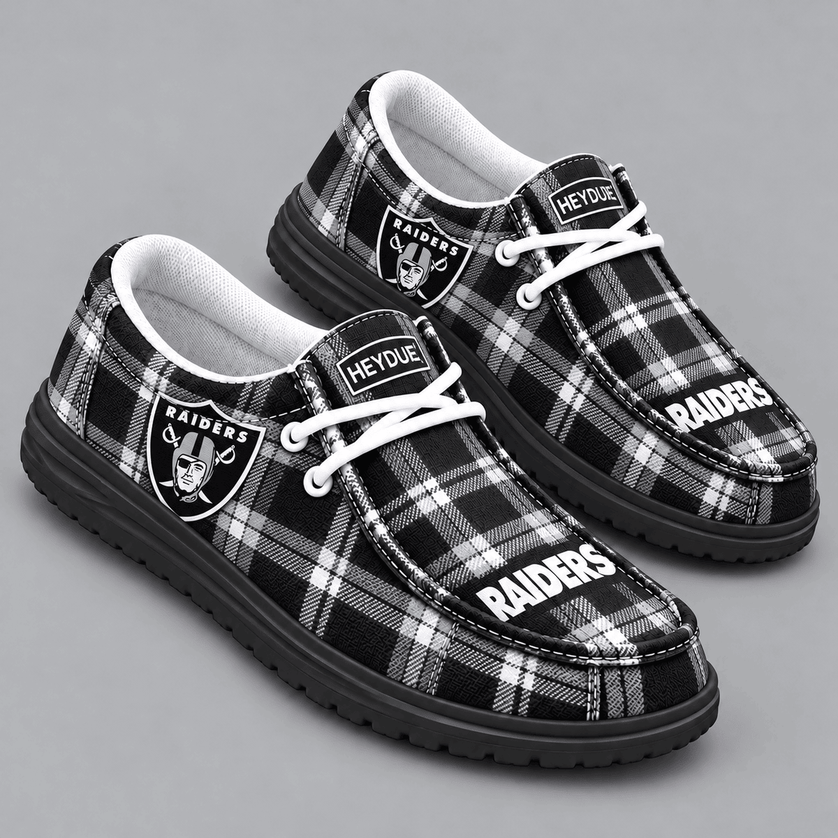 Las Vegas Raiders | Premium NFL Classic Plaid Checkered HEYDUDE Casual Loafers With Team Logo And Lightweight Comfort Sole NDN cover