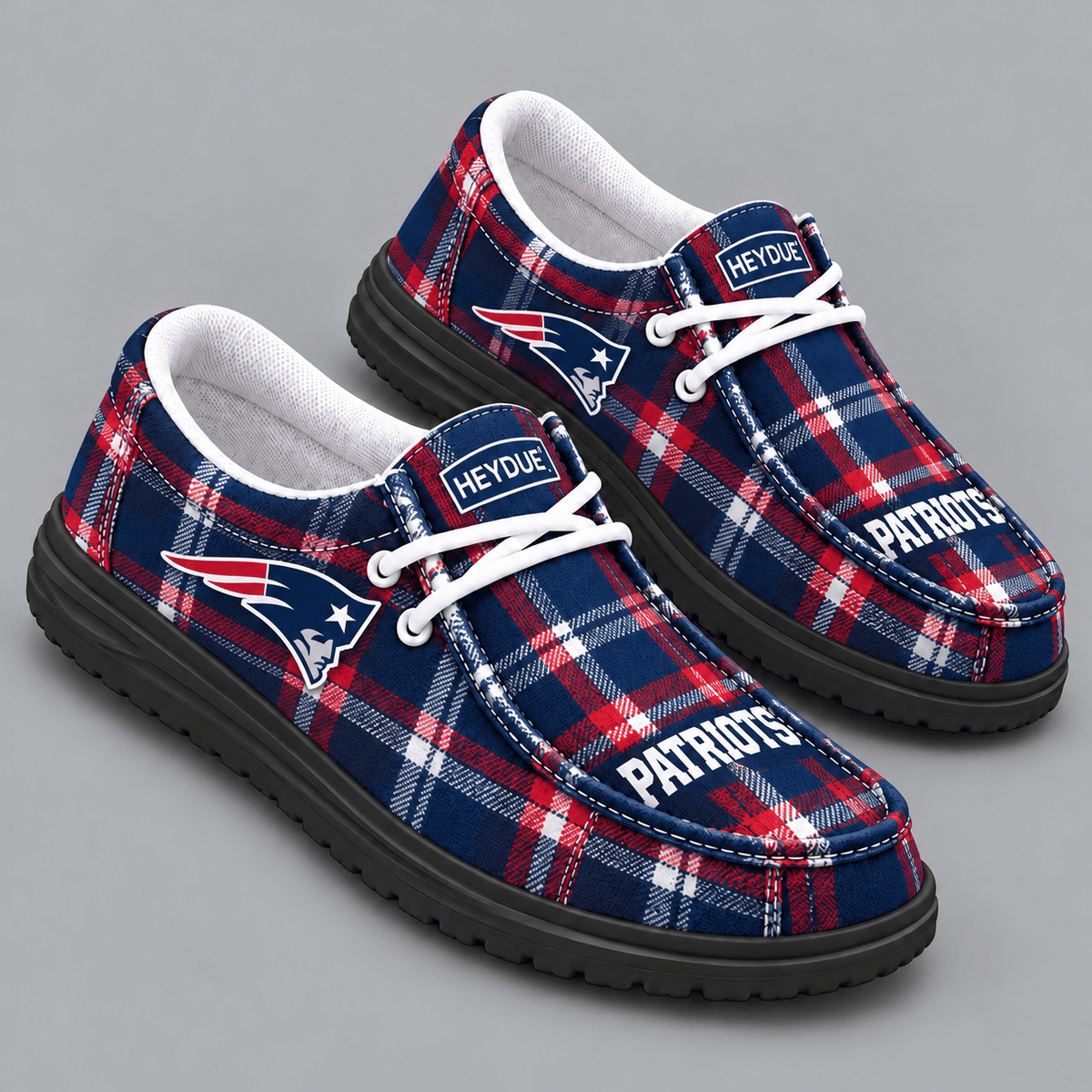 New England Patriots | Premium NFL Classic Plaid Checkered HEYDUDE Casual Loafers With Team Logo And Lightweight Comfort Sole NDN cover