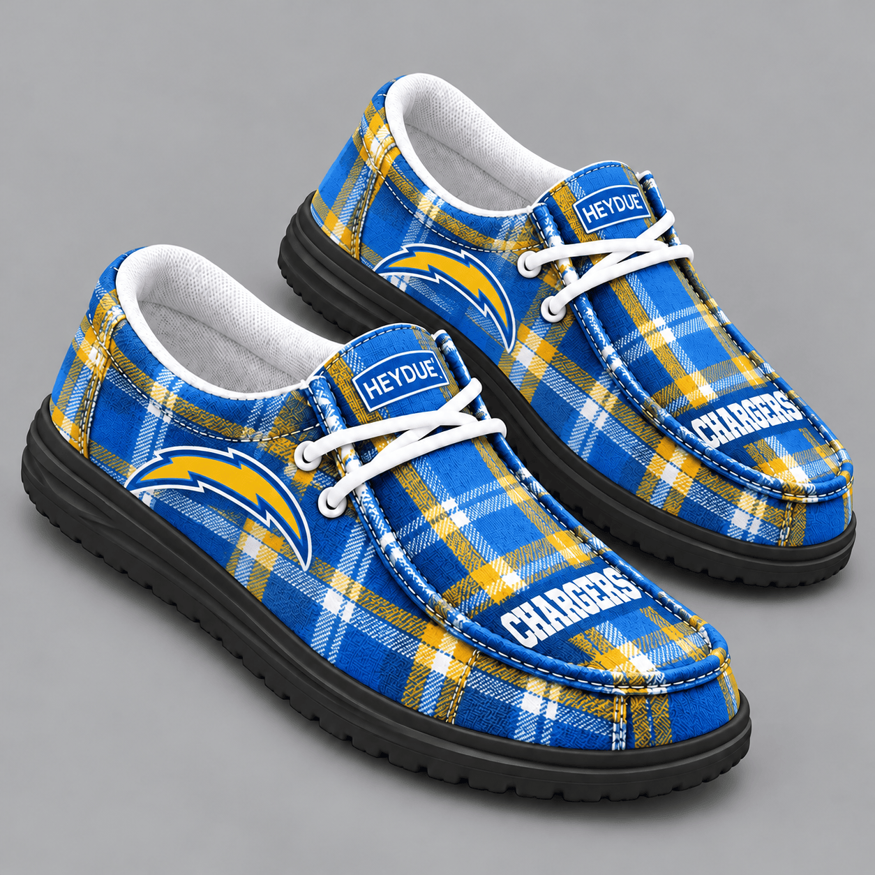 Los Angeles Chargers | Premium NFL Classic Plaid Checkered HEYDUDE Casual Loafers With Team Logo And Lightweight Comfort Sole NDN cover