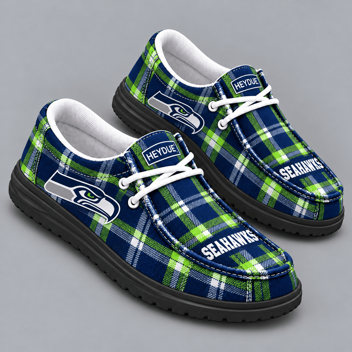 Seattle Seahawks | Premium NFL Classic Plaid Checkered HEYDUDE Casual Loafers With Team Logo And Lightweight Comfort Sole NDN cover