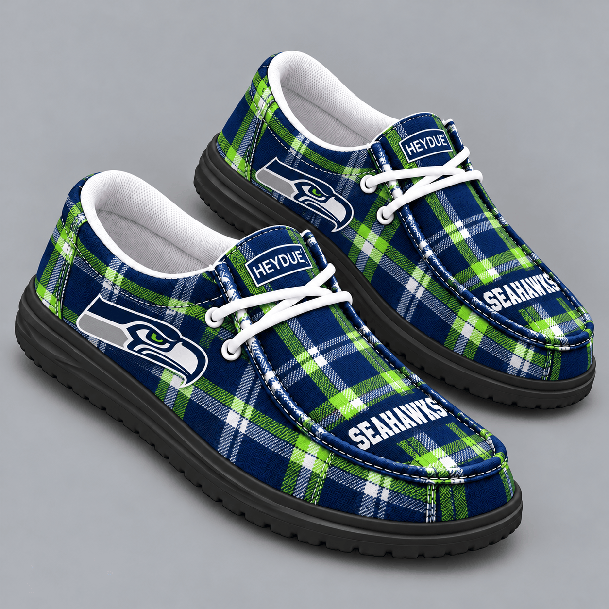 Seattle Seahawks | Premium NFL Classic Plaid Checkered HEYDUDE Casual Loafers With Team Logo And Lightweight Comfort Sole NDN cover