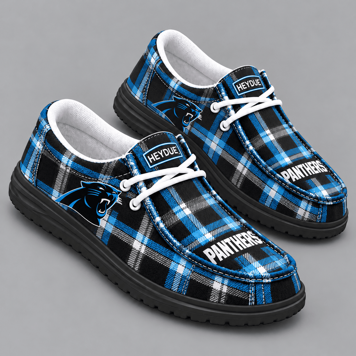 Carolina Panthers | Premium NFL Classic Plaid Checkered HEYDUDE Casual Loafers With Team Logo And Lightweight Comfort Sole NDN cover