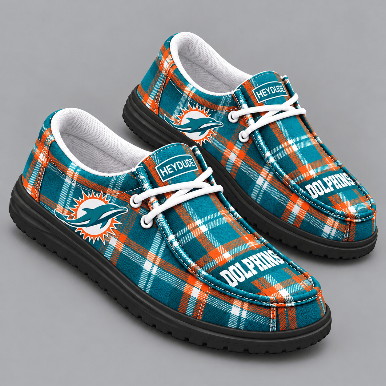 Miami Dolphins | Premium NFL Classic Plaid Checkered HEYDUDE Casual Loafers With Team Logo And Lightweight Comfort Sole NDN cover