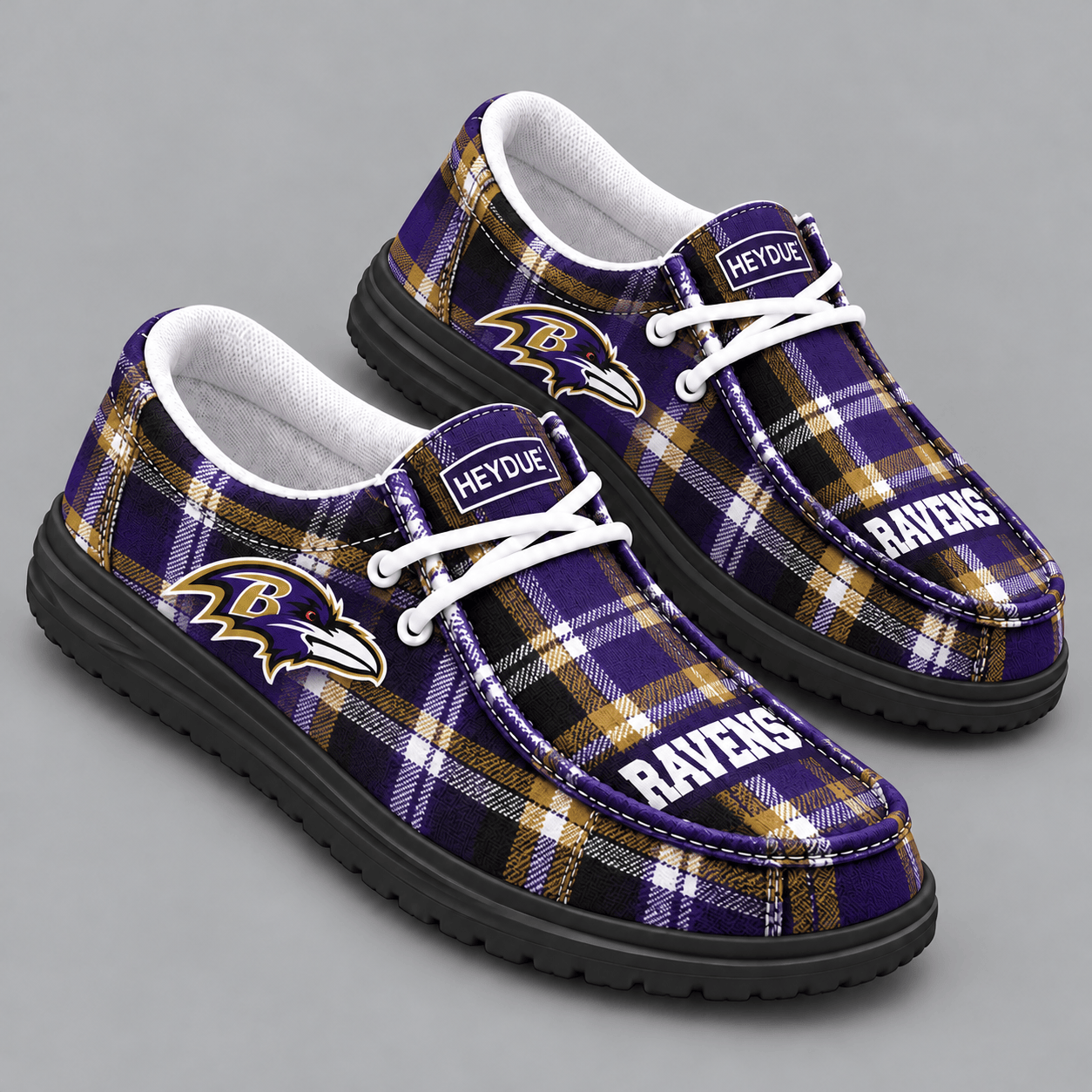 Baltimore Ravens | Premium NFL Classic Plaid Checkered HEYDUDE Casual Loafers With Team Logo And Lightweight Comfort Sole NDN cover