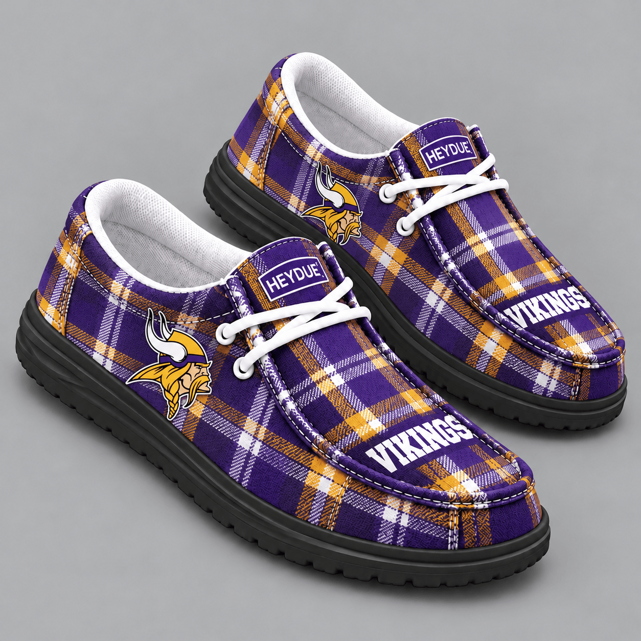 Minnesota Vikings | Premium NFL Classic Plaid Checkered HEYDUDE Casual Loafers With Team Logo And Lightweight Comfort Sole NDN cover