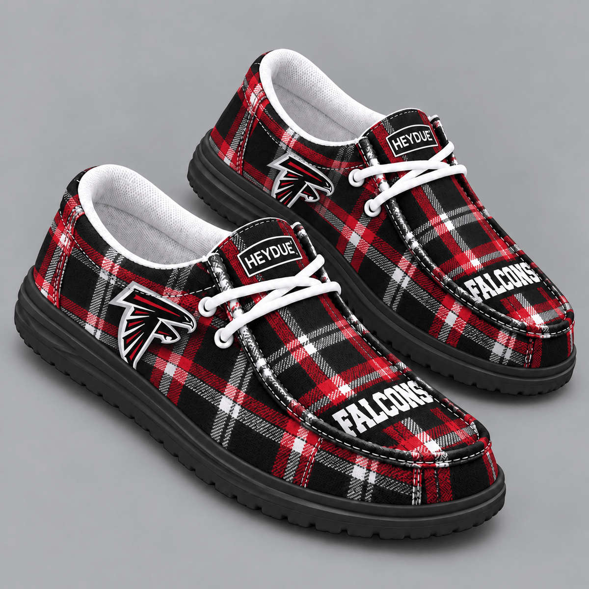 Atlanta Falcons | Premium NFL Classic Plaid Checkered HEYDUDE Casual Loafers With Team Logo And Lightweight Comfort Sole NDN cover