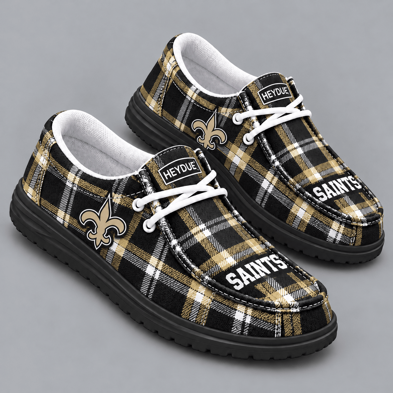 New Orleans Saints | Premium NFL Classic Plaid Checkered HEYDUDE Casual Loafers With Team Logo And Lightweight Comfort Sole NDN cover