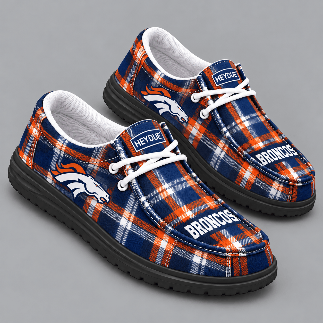 Denver Broncos | Premium NFL Classic Plaid Checkered HEYDUDE Casual Loafers With Team Logo And Lightweight Comfort Sole NDN cover