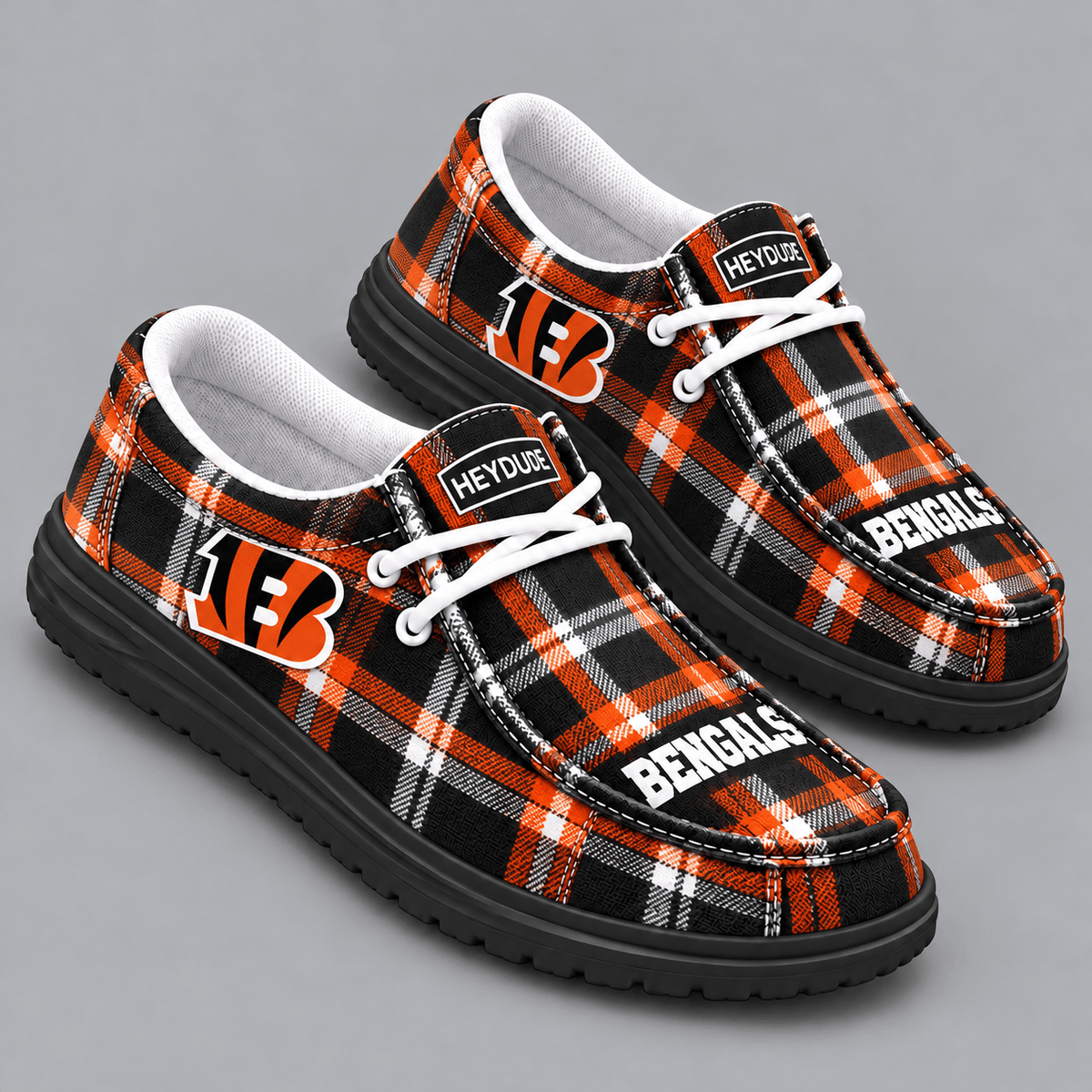 Cincinnati Bengals | Premium NFL Classic Plaid Checkered HEYDUDE Casual Loafers With Team Logo And Lightweight Comfort Sole NDN cover
