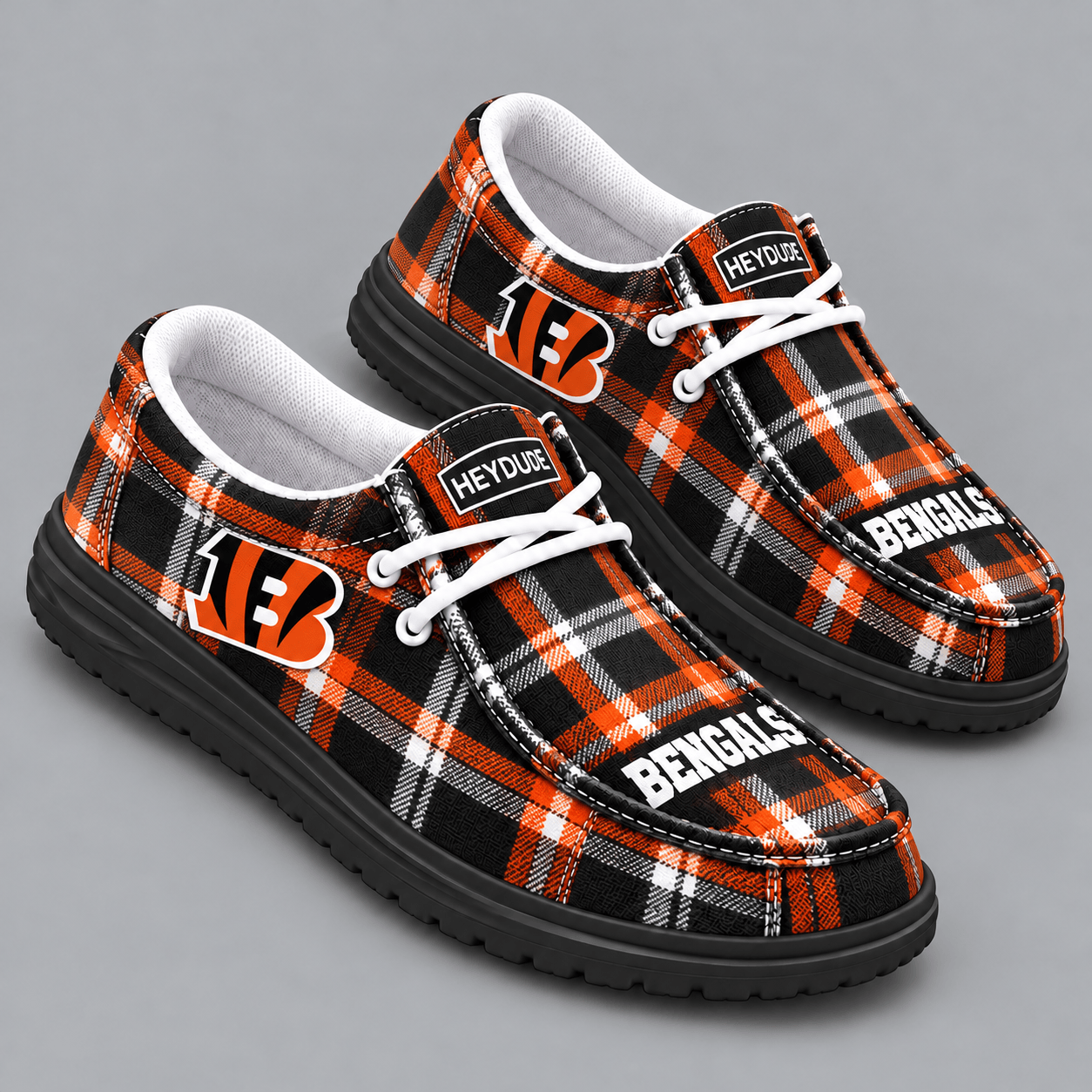Cincinnati Bengals | Premium NFL Classic Plaid Checkered HEYDUDE Casual Loafers With Team Logo And Lightweight Comfort Sole NDN cover