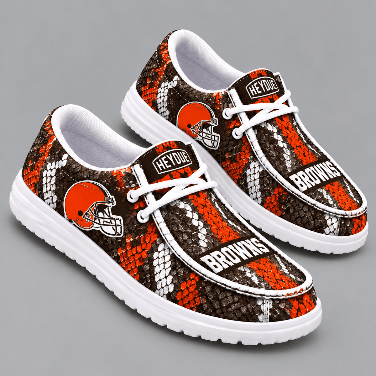 Cleveland Browns | Premium NFL Exotic Snakeskin Pattern HEYDUDE Casual Loafers With Team Logo And Lightweight Comfort Sole NDN cover