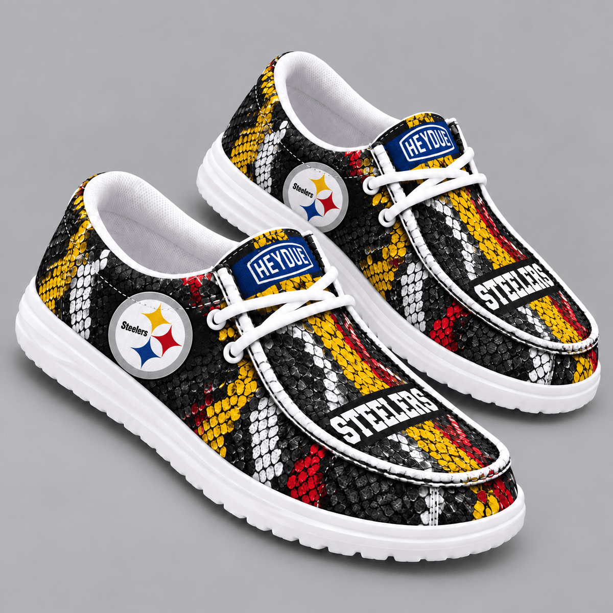 Pittsburgh Steelers | Premium NFL Exotic Snakeskin Pattern HEYDUDE Casual Loafers With Team Logo And Lightweight Comfort Sole NDN cover