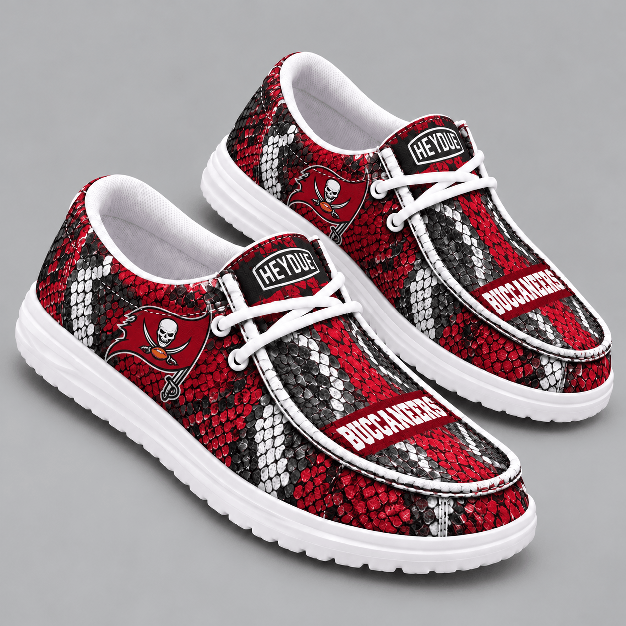 Tampa Bay Buccaneers | Premium NFL Exotic Snakeskin Pattern HEYDUDE Casual Loafers With Team Logo And Lightweight Comfort Sole NDN cover
