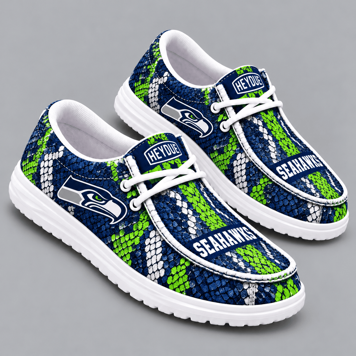 Seattle Seahawks | Premium NFL Exotic Snakeskin Pattern HEYDUDE Casual Loafers With Team Logo And Lightweight Comfort Sole NDN cover
