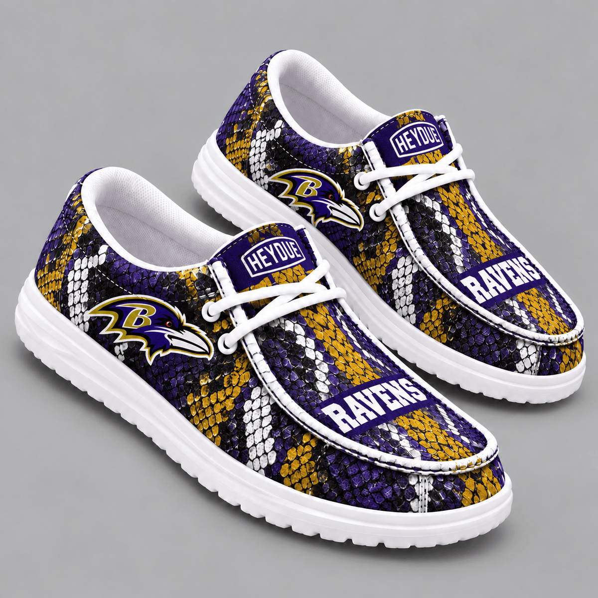 Baltimore Ravens | Premium NFL Exotic Snakeskin Pattern HEYDUDE Casual Loafers With Team Logo And Lightweight Comfort Sole NDN cover