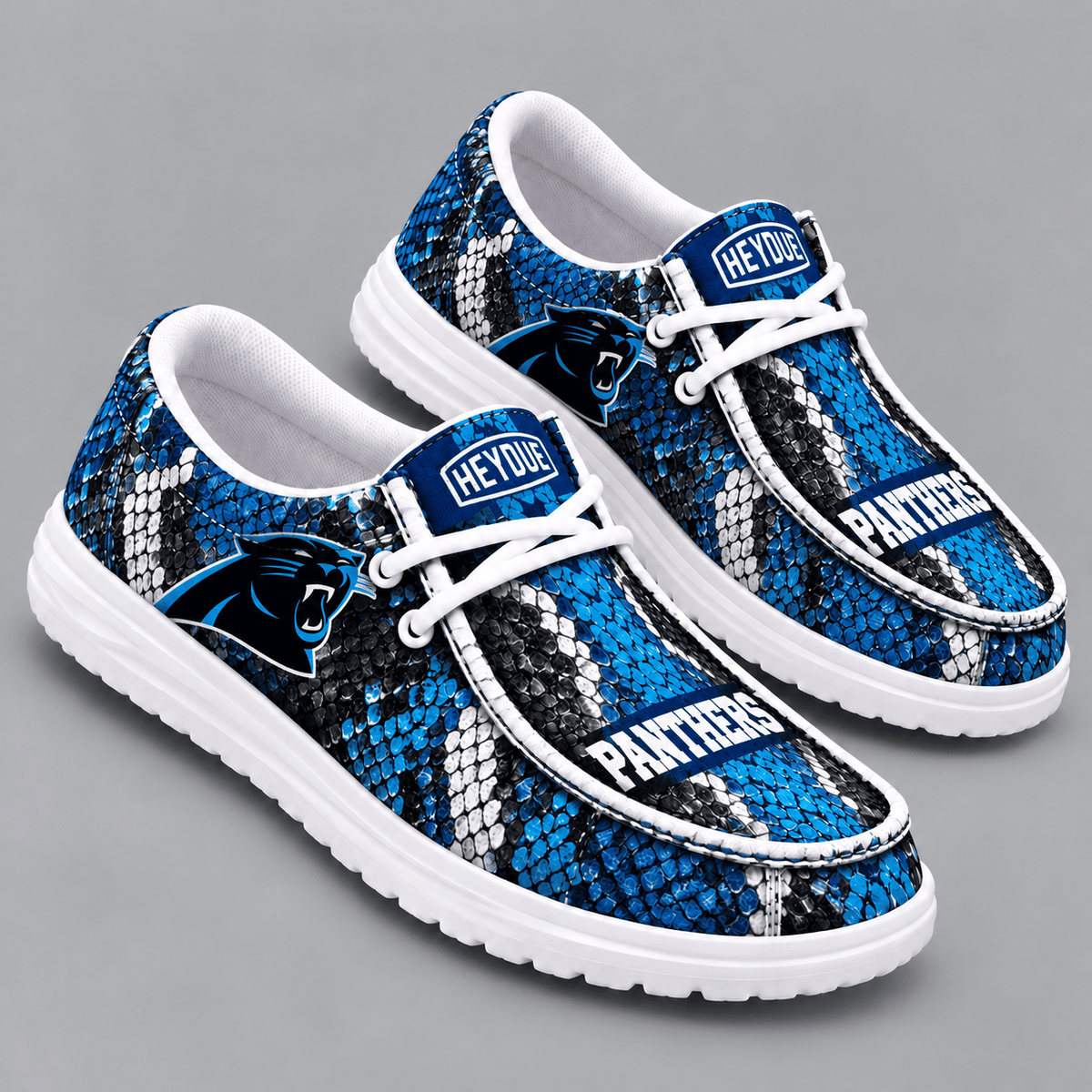 Carolina Panthers | Premium NFL Exotic Snakeskin Pattern HEYDUDE Casual Loafers With Team Logo And Lightweight Comfort Sole NDN cover