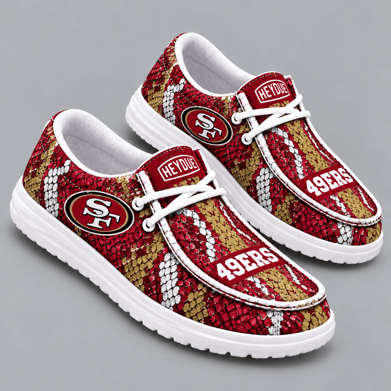 San Francisco 49ers | Premium NFL Exotic Snakeskin Pattern HEYDUDE Casual Loafers With Team Logo And Lightweight Comfort Sole NDN cover