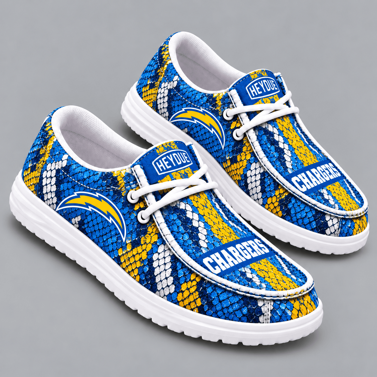 Los Angeles Chargers | Premium NFL Exotic Snakeskin Pattern HEYDUDE Casual Loafers With Team Logo And Lightweight Comfort Sole NDN cover