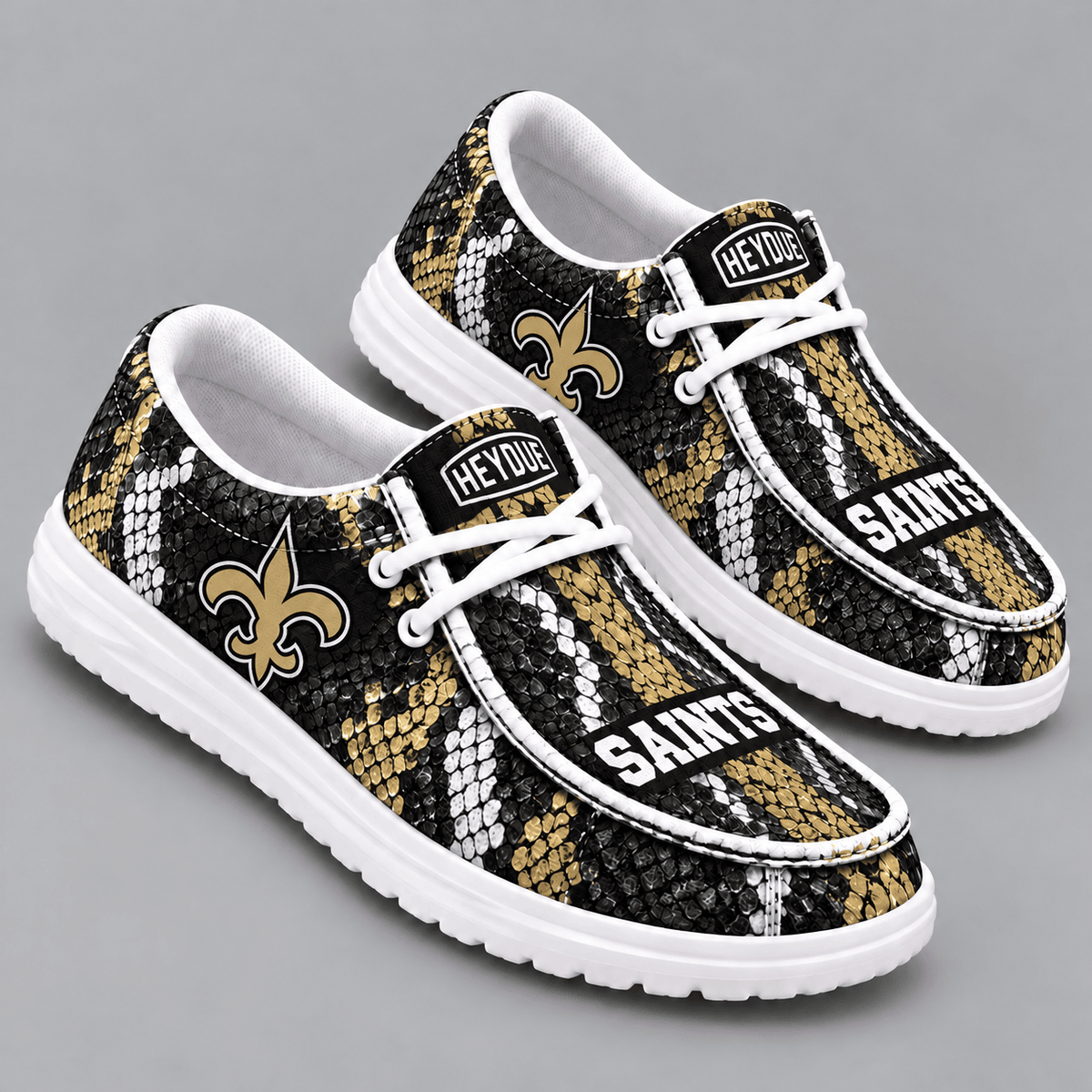 New Orleans Saints | Premium NFL Exotic Snakeskin Pattern HEYDUDE Casual Loafers With Team Logo And Lightweight Comfort Sole NDN cover
