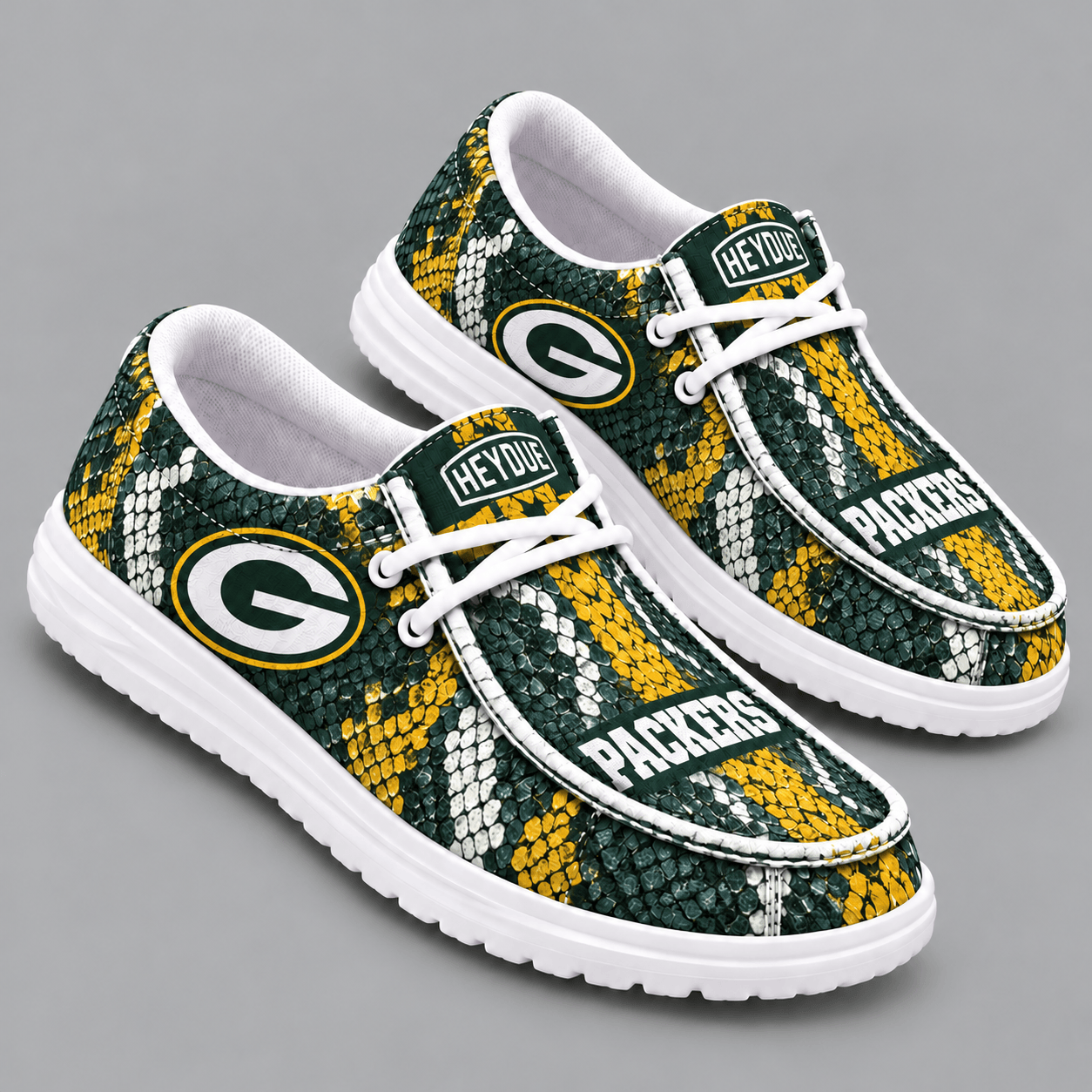 Green Bay Packers | Premium NFL Exotic Snakeskin Pattern HEYDUDE Casual Loafers With Team Logo And Lightweight Comfort Sole NDN cover