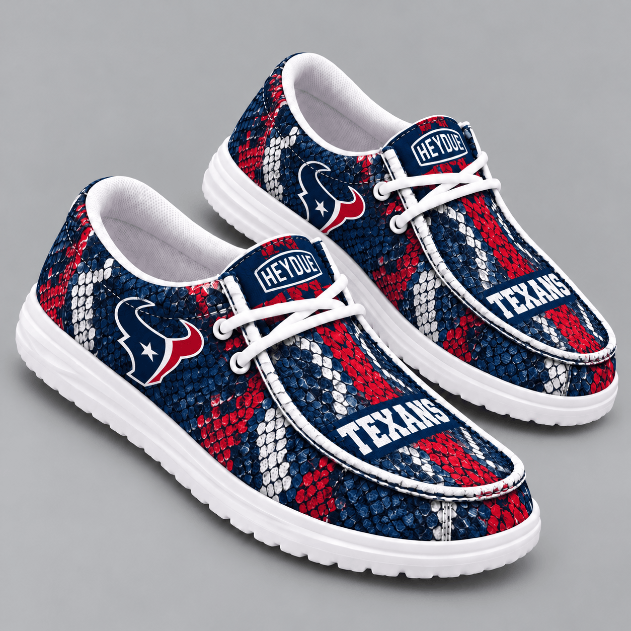 Houston Texans | Premium NFL Exotic Snakeskin Pattern HEYDUDE Casual Loafers With Team Logo And Lightweight Comfort Sole NDN cover