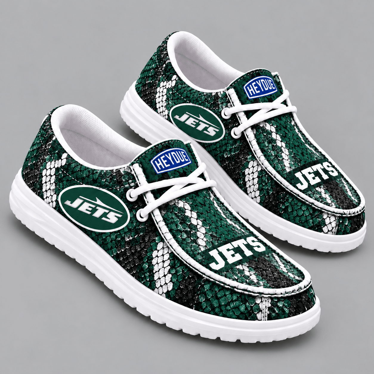 New York Jets | Premium NFL Exotic Snakeskin Pattern HEYDUDE Casual Loafers With Team Logo And Lightweight Comfort Sole NDN cover