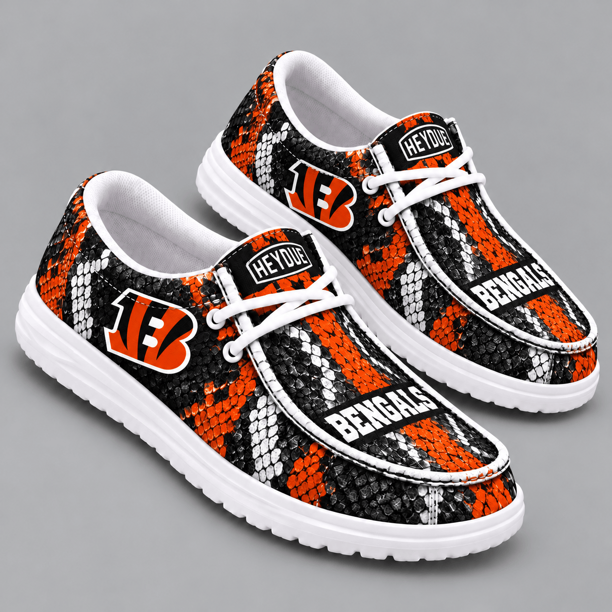 Cincinnati Bengals | Premium NFL Exotic Snakeskin Pattern HEYDUDE Casual Loafers With Team Logo And Lightweight Comfort Sole NDN cover