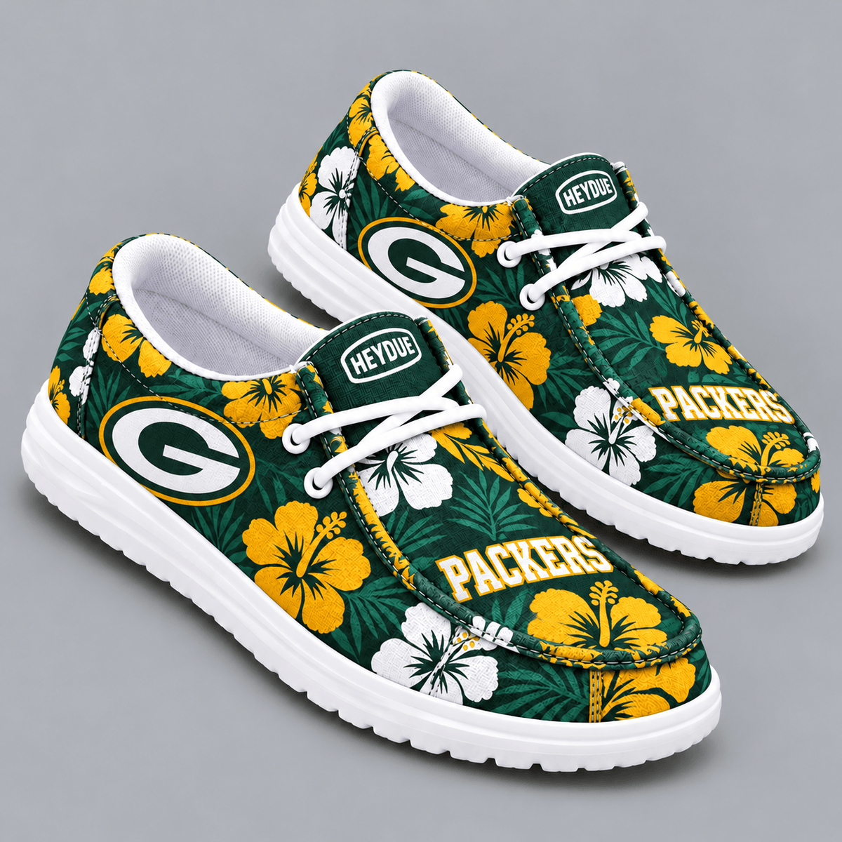 Green Bay Packers | Premium NFL Tropical Hibiscus Floral Print HEYDUDE Casual Loafers With Team Logo And Lightweight Comfort Sole NDN cover