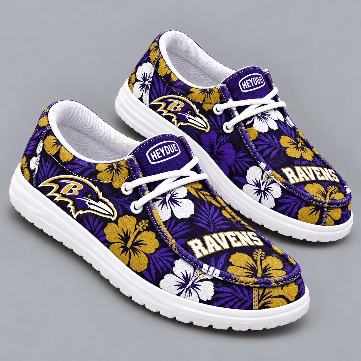 Baltimore Ravens | Premium NFL Tropical Hibiscus Floral Print HEYDUDE Casual Loafers With Team Logo And Lightweight Comfort Sole NDN cover