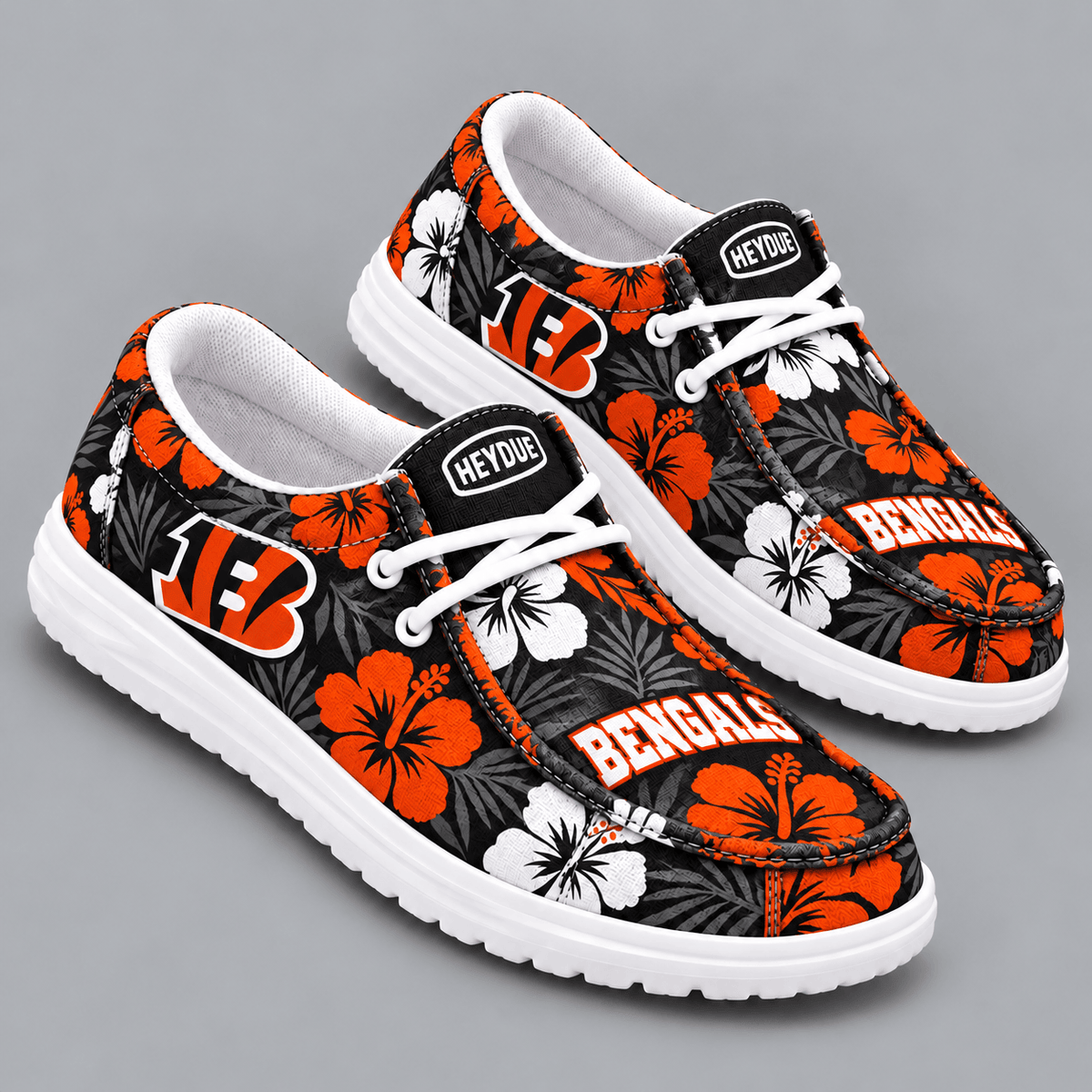 Cincinnati Bengals | Premium NFL Tropical Hibiscus Floral Print HEYDUDE Casual Loafers With Team Logo And Lightweight Comfort Sole NDN cover