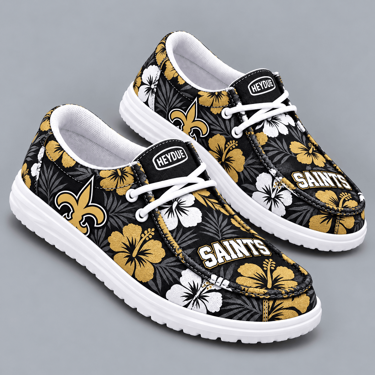 New Orleans Saints | Premium NFL Tropical Hibiscus Floral Print HEYDUDE Casual Loafers With Team Logo And Lightweight Comfort Sole NDN cover
