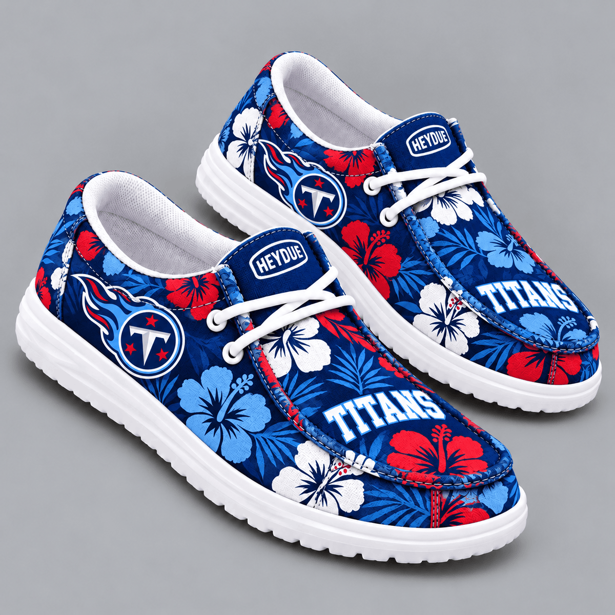 Tennessee Titans | Premium NFL Tropical Hibiscus Floral Print HEYDUDE Casual Loafers With Team Logo And Lightweight Comfort Sole NDN cover