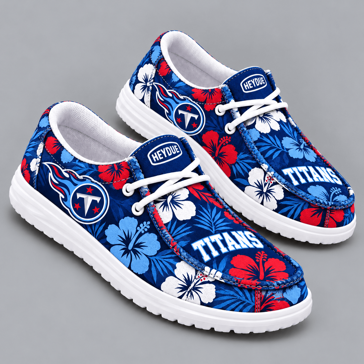 Tennessee Titans | Premium NFL Tropical Hibiscus Floral Print HEYDUDE Casual Loafers With Team Logo And Lightweight Comfort Sole NDN cover