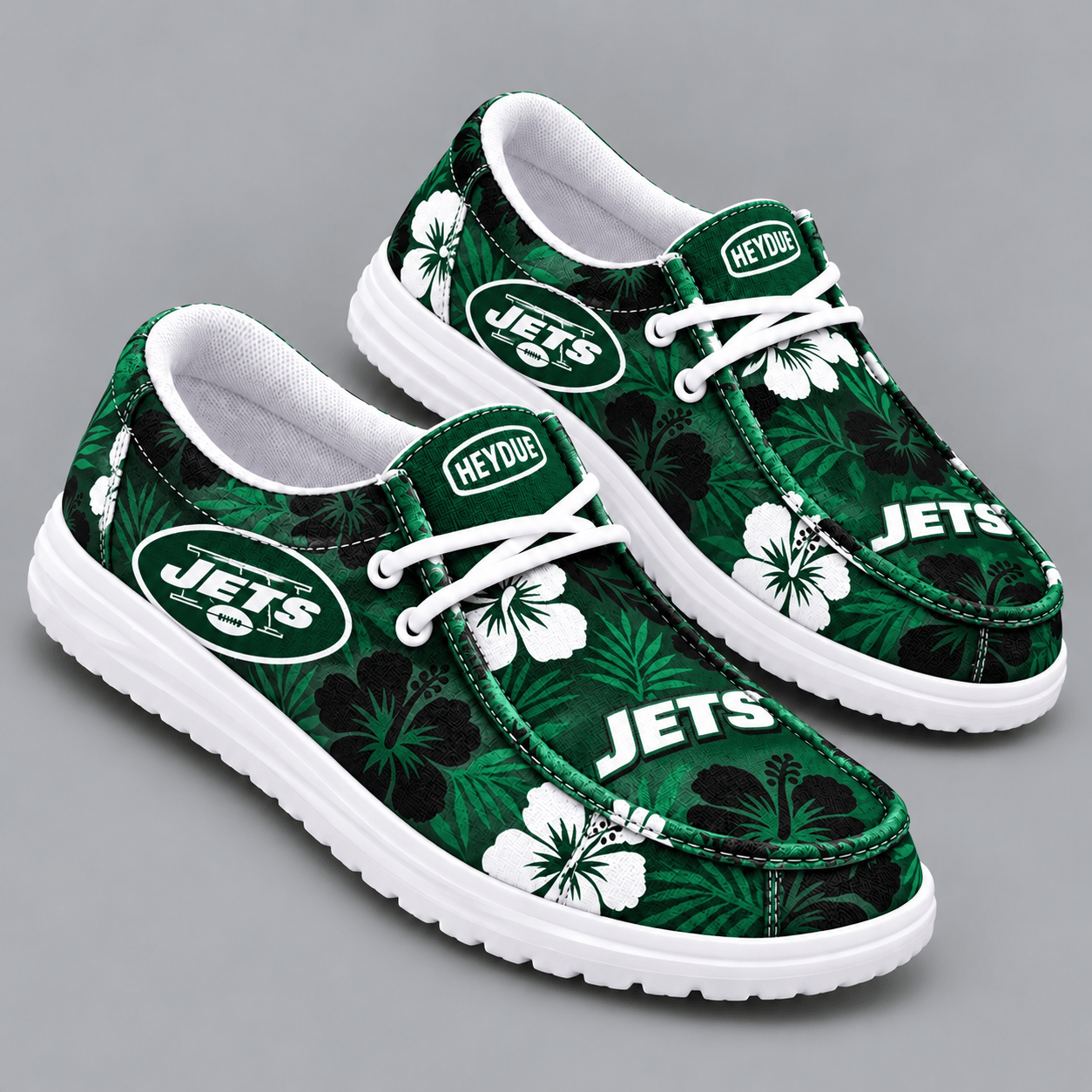 New York Jets | Premium NFL Tropical Hibiscus Floral Print HEYDUDE Casual Loafers With Team Logo And Lightweight Comfort Sole NDN cover