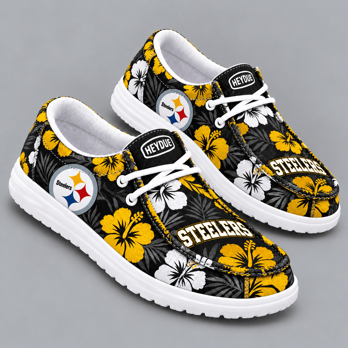 Pittsburgh Steelers | Premium NFL Tropical Hibiscus Floral Print HEYDUDE Casual Loafers With Team Logo And Lightweight Comfort Sole NDN cover