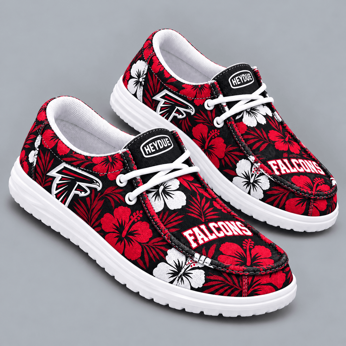 Atlanta Falcons | Premium NFL Tropical Hibiscus Floral Print HEYDUDE Casual Loafers With Team Logo And Lightweight Comfort Sole NDN cover