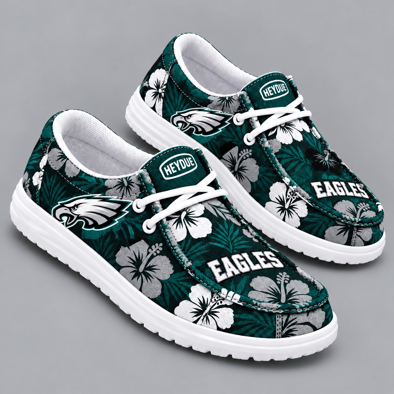 Philadelphia Eagles | Premium NFL Tropical Hibiscus Floral Print HEYDUDE Casual Loafers With Team Logo And Lightweight Comfort Sole NDN cover