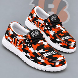 Cincinnati Bengals | Premium NFL Urban Camo Print HEYDUDE Casual Loafers With Team Logo And Lightweight Comfort Sole NDN cover