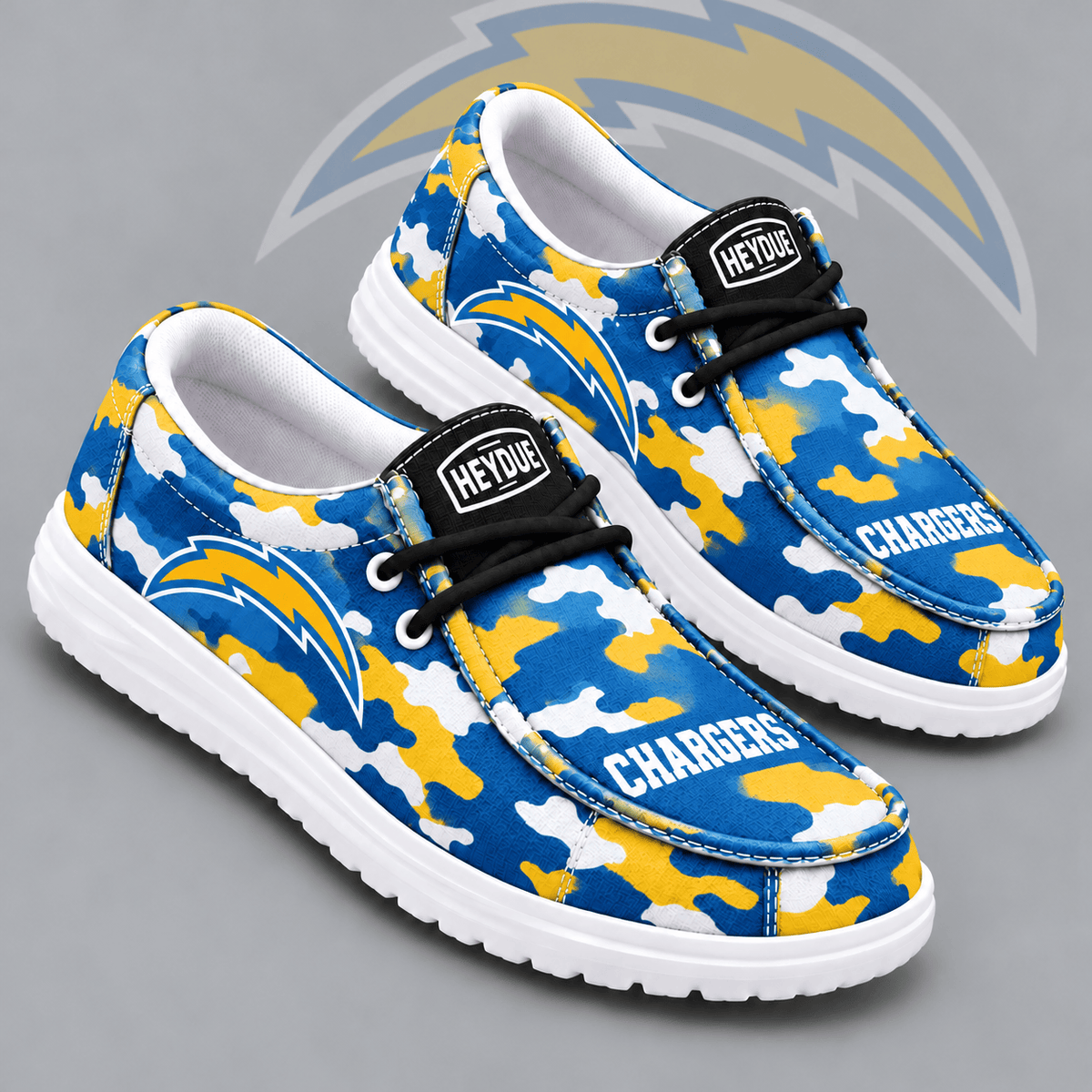 Los Angeles Chargers | Premium NFL Urban Camo Print HEYDUDE Casual Loafers With Team Logo And Lightweight Comfort Sole NDN cover