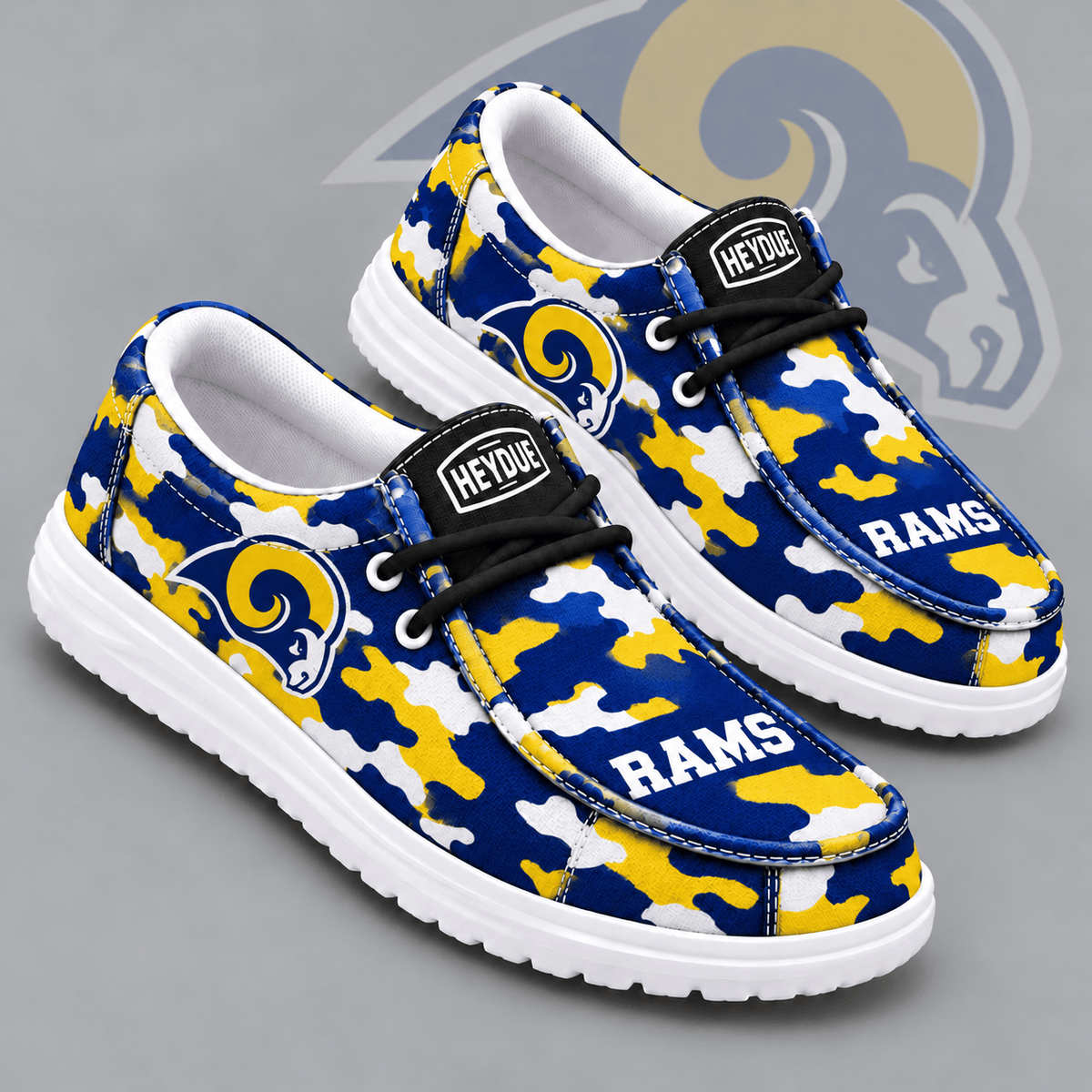Los Angeles Rams | Premium NFL Urban Camo Print HEYDUDE Casual Loafers With Team Logo And Lightweight Comfort Sole NDN cover