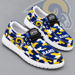 Los Angeles Rams | Premium NFL Urban Camo Print HEYDUDE Casual Loafers With Team Logo And Lightweight Comfort Sole NDN cover