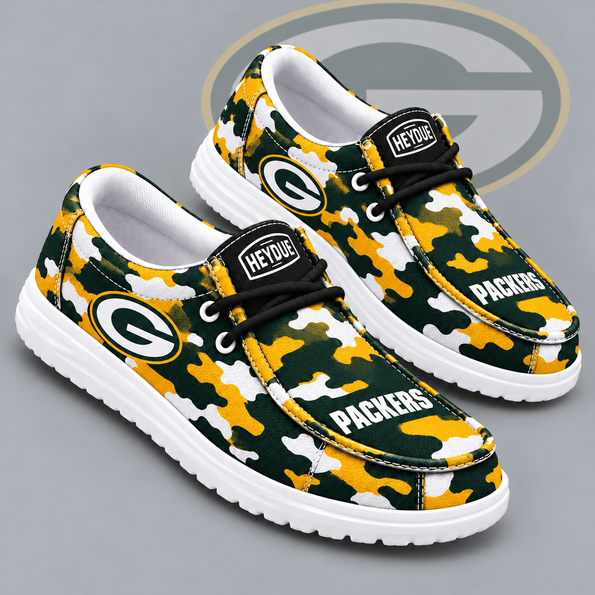 Green Bay Packers | Premium NFL Urban Camo Print HEYDUDE Casual Loafers With Team Logo And Lightweight Comfort Sole NDN cover