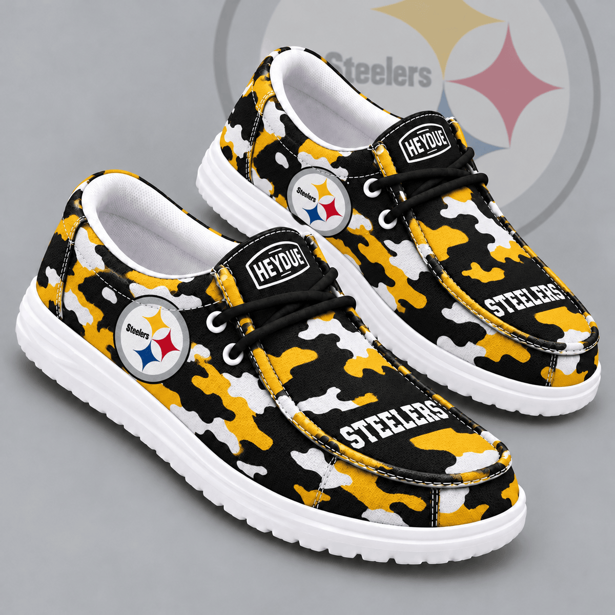Pittsburgh Steelers | Premium NFL Urban Camo Print HEYDUDE Casual Loafers With Team Logo And Lightweight Comfort Sole NDN cover