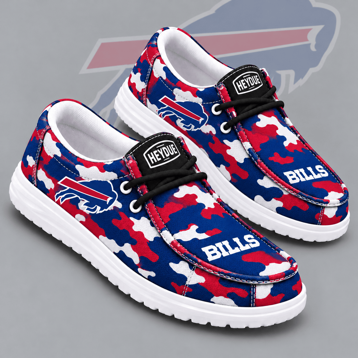 Buffalo Bills | Premium NFL Urban Camo Print HEYDUDE Casual Loafers With Team Logo And Lightweight Comfort Sole NDN cover