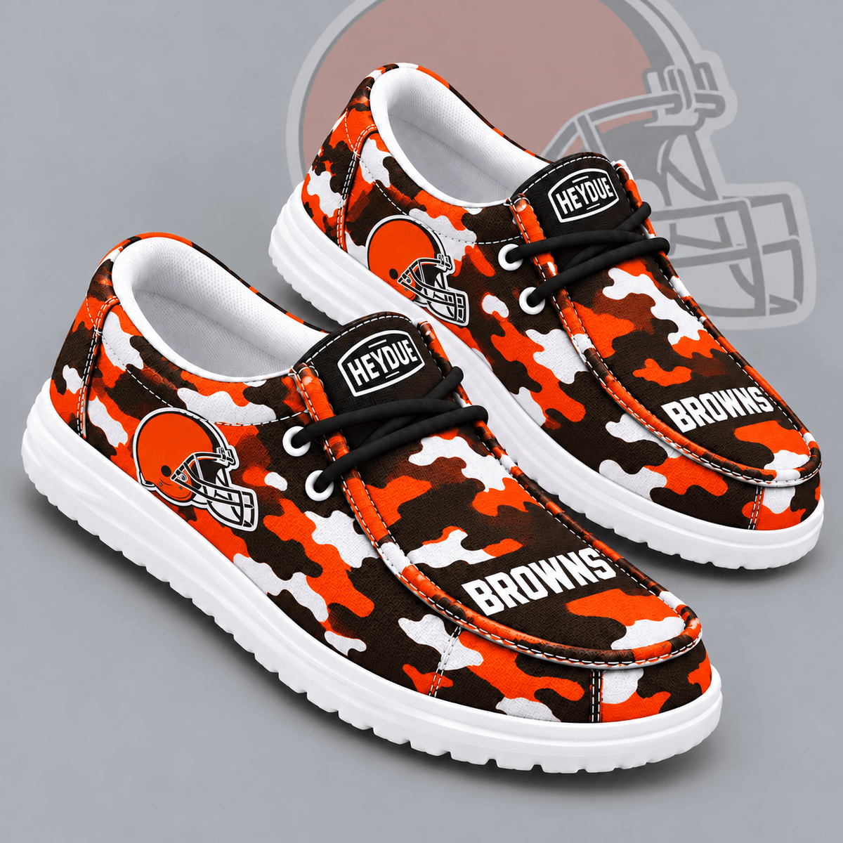 Cleveland Browns | Premium NFL Urban Camo Print HEYDUDE Casual Loafers With Team Logo And Lightweight Comfort Sole NDN cover