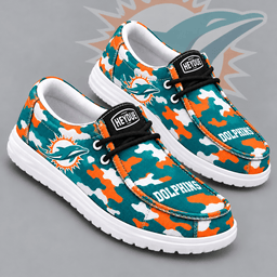 Miami Dolphins | Premium NFL Urban Camo Print HEYDUDE Casual Loafers With Team Logo And Lightweight Comfort Sole NDN cover