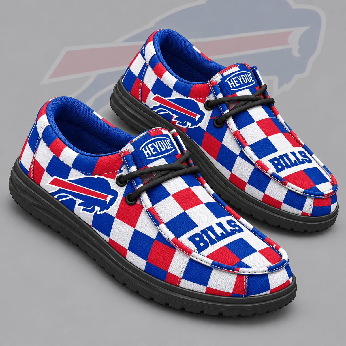 Buffalo Bills | Premium NFL Bold Buffalo Check Plaid HEYDUDE Casual Loafers With Team Logo And Lightweight Comfort Sole NDN cover