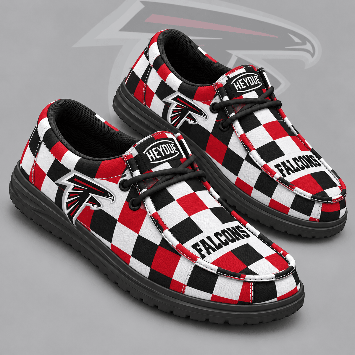 Atlanta Falcons | Premium NFL Bold Buffalo Check Plaid HEYDUDE Casual Loafers With Team Logo And Lightweight Comfort Sole NDN cover