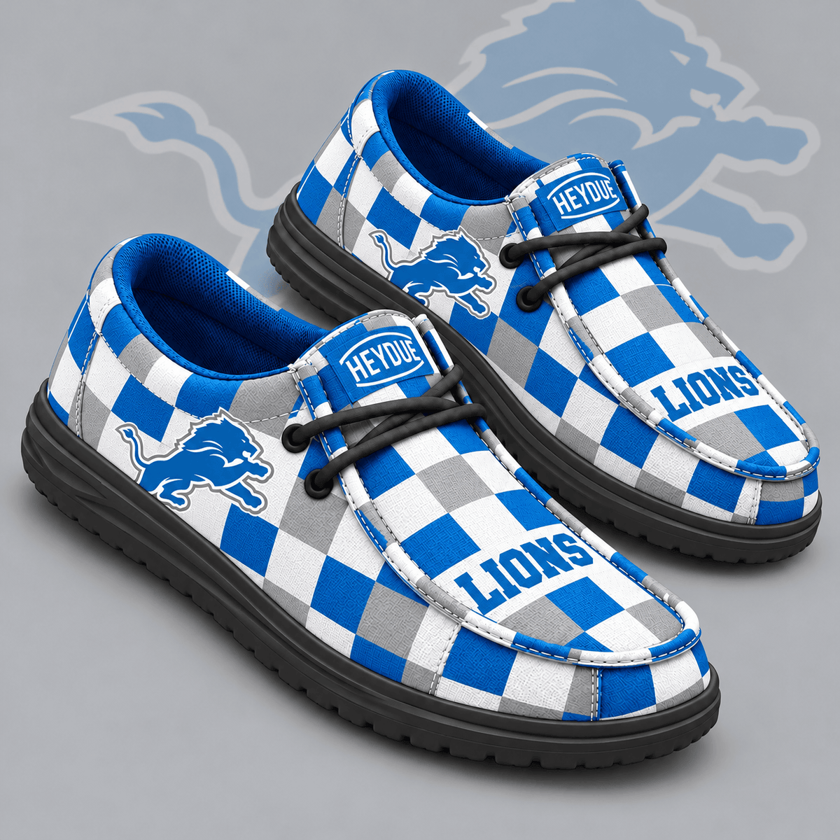 Detroit Lions | Premium NFL Bold Buffalo Check Plaid HEYDUDE Casual Loafers With Team Logo And Lightweight Comfort Sole NDN cover